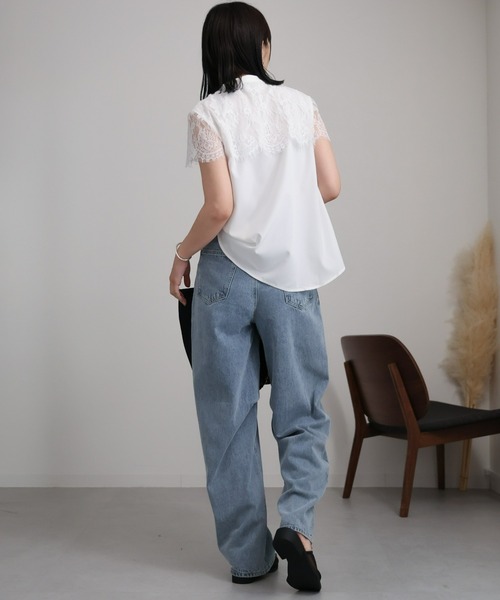 お盆限定価格 ストライプ レース 半袖ブラウス　フレンチスリーブ ブラウス レース インナー付き セットアップ風 フレンチスリーブ