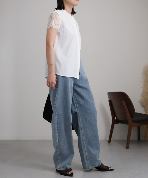 ブラウス シャツ レースデザインフレンチスリーブブラウス レディース