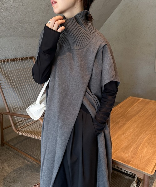 ワンピース センタースリットタートルニットロングワンピース