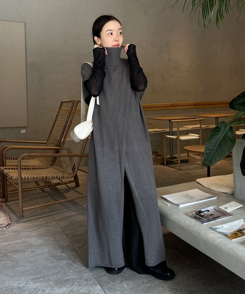 ワンピース センタースリットタートルニットロングワンピース