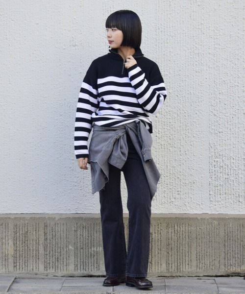 未使用TRICOTS JEAN MARCジップボーダーセーター　ブラック TRICOTS JEAN MARC ニット セーター 「TRICOTS JEAN MARC」ZIPニット