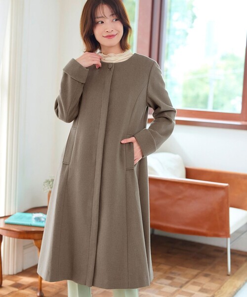 Tiaclasse ノーカラーコート コート ノーカラーバックリボンウール