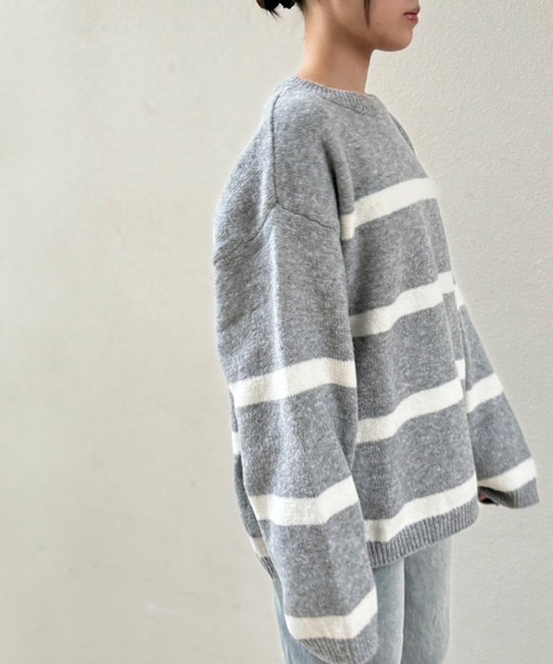 ニット セーター 「 NOLITA / ノリータ 」ゆったり ライトグレー ボーダー シンプル ベーシック クルーニット セーター レディース