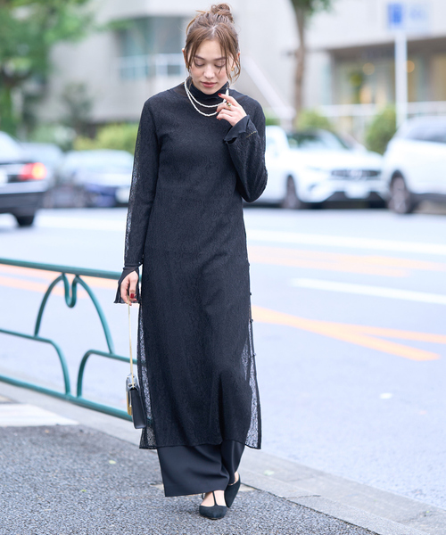 希少 MIU MIU 上質 シルク レース スリット デザイン 長袖 ワンピース Rouge vif（ルージュ ヴィフ） ワンピース 前後2WAYサイドスリット
