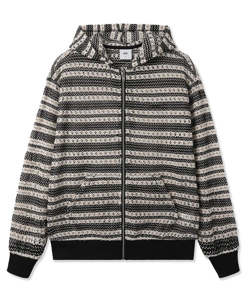 パーカー 「OY/オーワイ」 LOGO STRIPED CROCHET HOODIE ZIP UP/ボーダーロゴクロシェットフード付きシップアップ レ