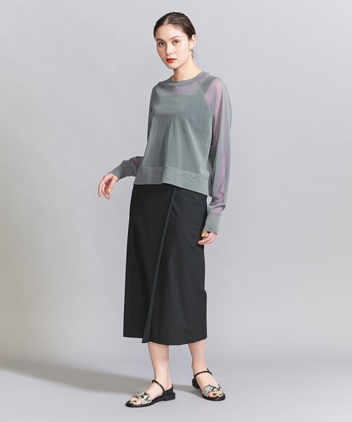 美品 25SS ビューティーアンドユース ポリエステルチュール ラグランスリーブ プルオーバー カットソー 1612-137-5358 グレー レディース 古着 中古 BEAUTY&YOUTH UNITED ARROWS（ビューティーアンドユース