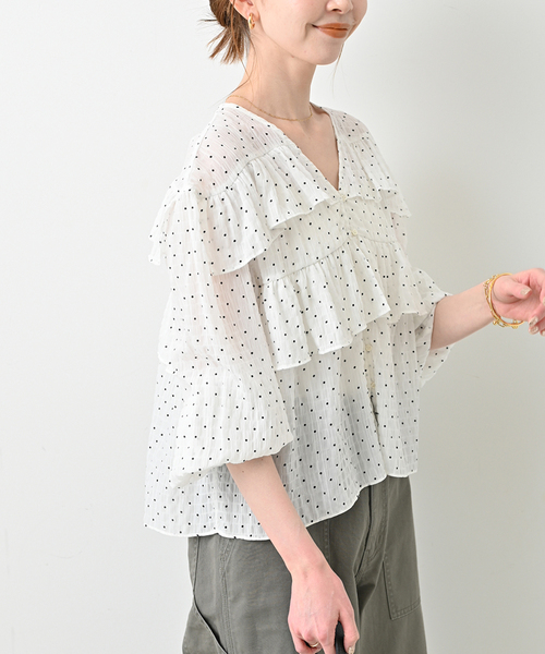 SLOBE IENA ブラウス シャツ ドットフリルVネックブラウス