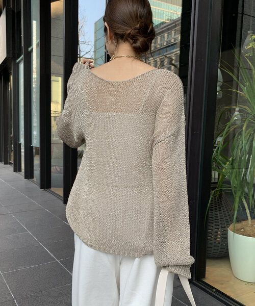 DOUDOU ラメ入りベージュニットセーター 長袖 DouDou ニット セーター 前後2WAYラメニットタンク レディース