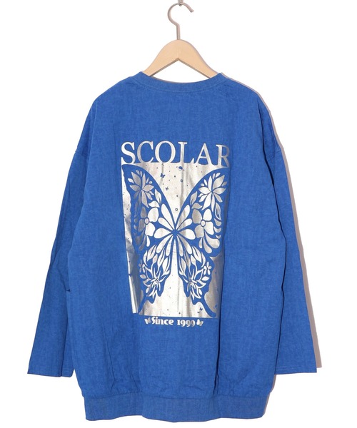 スカラー ScoLar 蝶柄箔プリント ピグメント加工カーディガン （チャコールグレー） スカラー ScoLar 蝶柄箔プリント ピグメント加工カーディガン