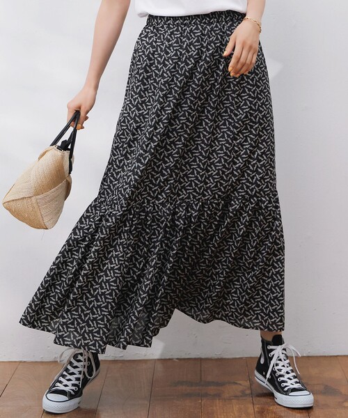 スカート 「洗える」エスパドリーユプリント ティアード スカート