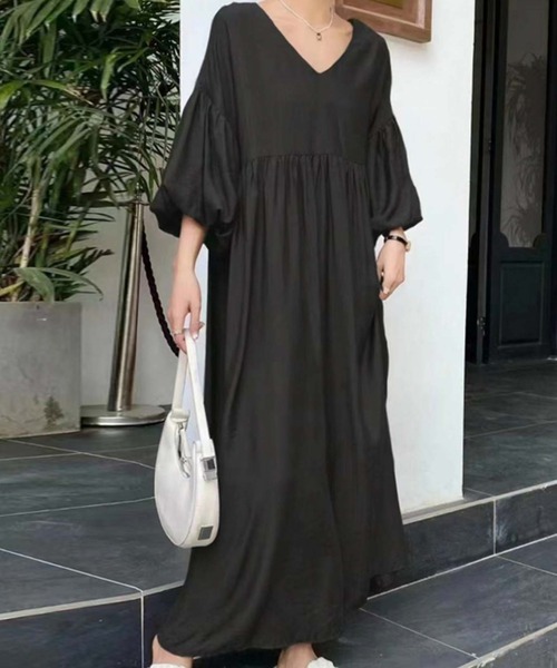 ロング フレア ワンピース ボリュームスリーブ Vネック ワンピース Vネックボリューム袖フレアワンピース : ZOZOTOWN