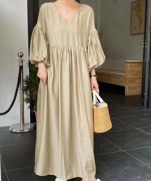 ◆Vネック ボリューム袖 透け感 フレア ワンピース ブラック ENC ワンピース V neck volume flare one piece / Vネック