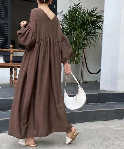 ロング ワンピース 長袖 ボリューム袖 Vネック フレア 無地 3色 ワンピース Vネックボリューム袖フレアワンピース : ZOZOTOWN