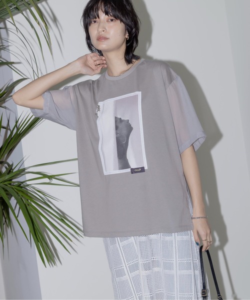 Eimee Law tシャツ モノクロフォトptシアー袖Tシャツ レディース
