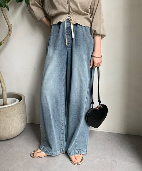 【お値下げ　美品】　doudou ワイドデニムパンツ セール】ドロストワイドデニム（デニムパンツ）｜DouDou
