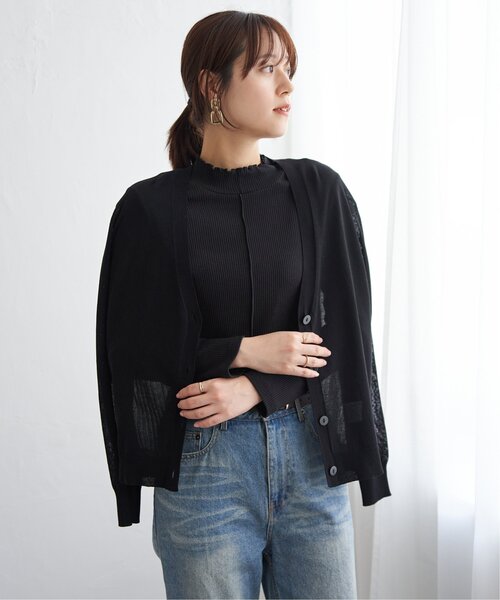 ikka カーディガン 「洗濯機で洗える／接触冷感」針抜きシアーニット