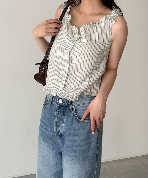 ブラウス シャツ El mar　ストライプフリルブラウス レディース CANAL JEAN ブラウス シャツ El mar ストライプフリルブラウス