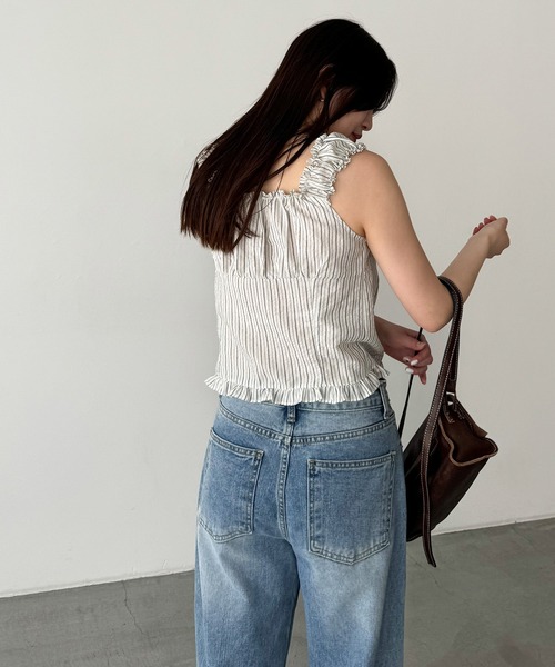 ブラウス シャツ El mar　ストライプフリルノースリブラウス レディース CANAL JEAN｜El mar ストライプフリルノースリブラウス