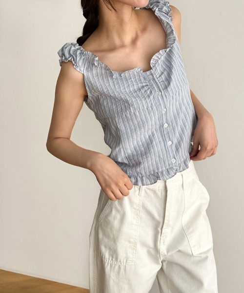 CANAL JEAN ブラウス シャツ El mar ストライプフリルノースリ