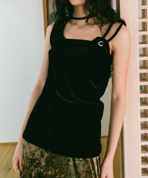 タンクトップ ノースリーブ Strap Design Velour Tank Top/ストラップデザインベロアトップ レディース