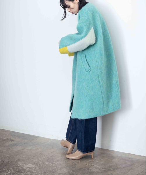 Eimee Law 青緑色 ノーカラーコート Eimee Lawのノーカラーコートを使った人気ファッション Eimee Law 青