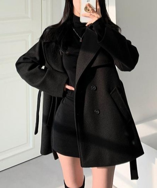 FAVORITO ピーコート pコート リボン襟付きダブルブレストメルトン