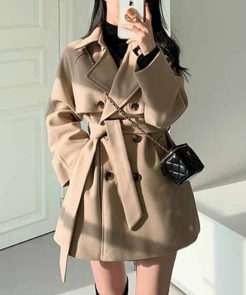 FAVORITO ピーコート pコート リボン襟付きダブルブレストメルトン