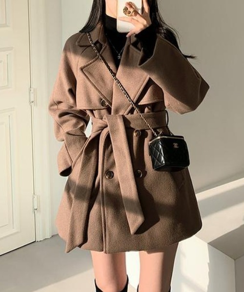 FAVORITO ピーコート pコート リボン襟付きダブルブレストメルトン