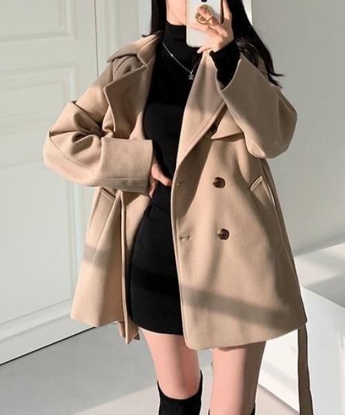 FAVORITO ピーコート pコート リボン襟付きダブルブレストメルトン