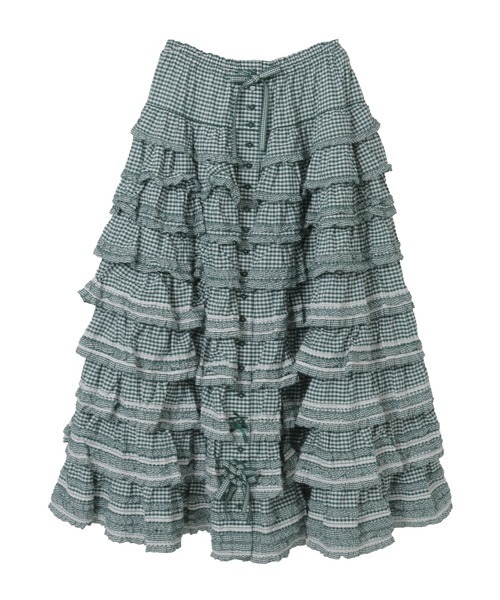 【ピンクハウス】くすみピンクギンガムチェック柄スカートミディ丈段々フリル ピンクハウス】くすみピンクギンガムチェック柄スカートミディ丈段々フリル