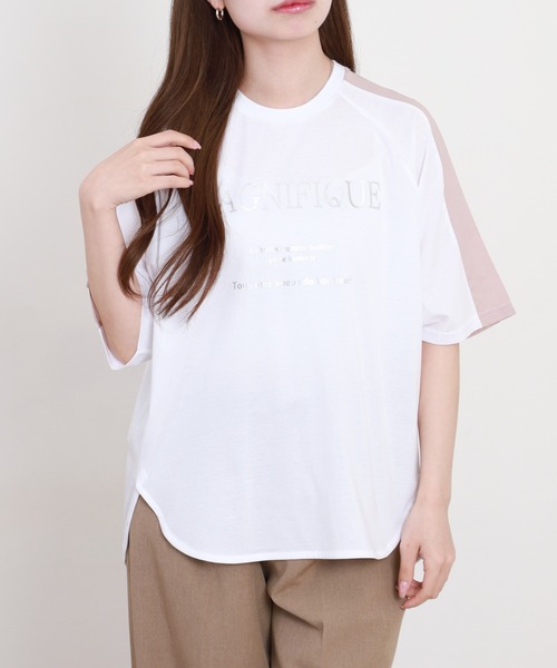 tシャツ BRODIAEA 箔ロゴプリント配色切り替え半袖Tシャツ ハイブリットコットン レディース