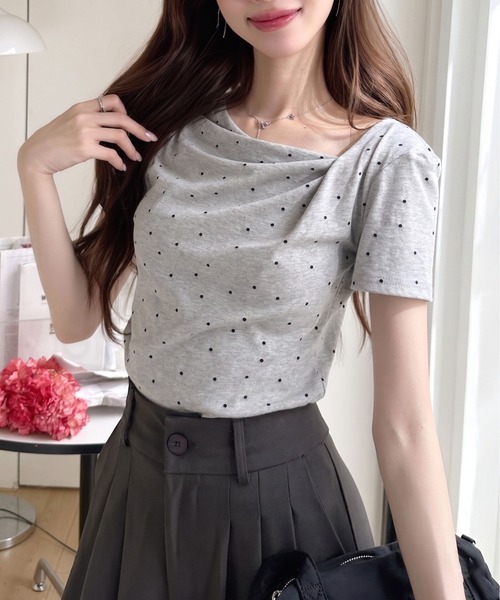 極美品 慈雨 ドット柄 変形 パワーネット シャツ カットソー シワ加工 Ada. tシャツ 半袖 ドット柄 ドレープネック タイト シルエット