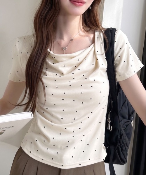 極美品 慈雨 ドット柄 変形 パワーネット シャツ カットソー シワ加工 Ada. tシャツ 半袖 ドット柄 ドレープネック タイト シルエット