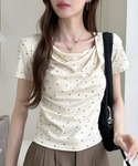 tシャツ 半袖 ドット柄 ドレープネック タイ...の詳細画像1