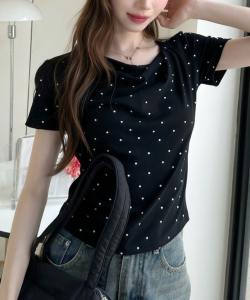 Ada. tシャツ 半袖 ドット柄 ドレープネック タイト シルエット