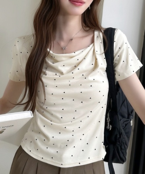 Ada. tシャツ 半袖 ドット柄 ドレープネック タイト シルエット