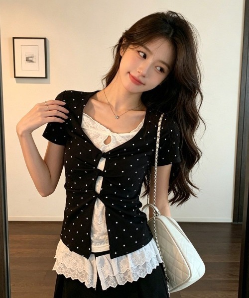  ドット柄 半袖Tシャツ レディース M tシャツ 半袖 ドット柄 前開きデザイン フィット T シャツ レディース