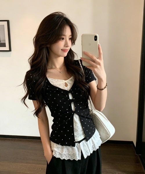 tシャツ 半袖 ドット柄 前開きデザイン フィット T シャツ レディース