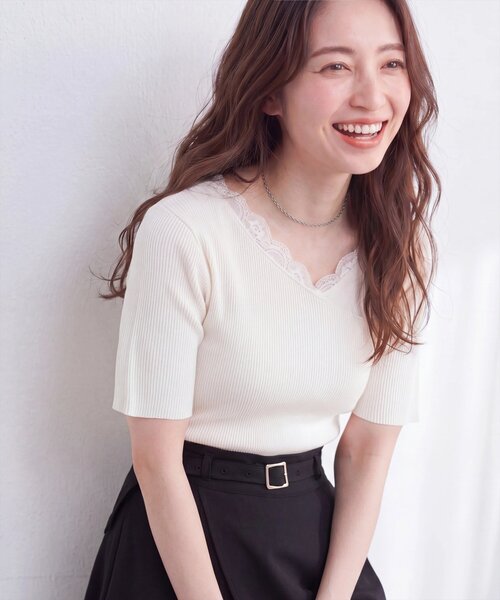 natural couture ニット セーター 「sherbet line」アシメレースネック