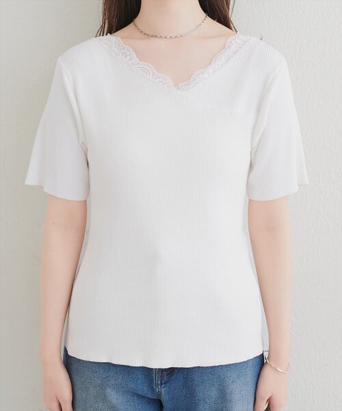 natural couture ニット セーター 「sherbet line」アシメレースネック
