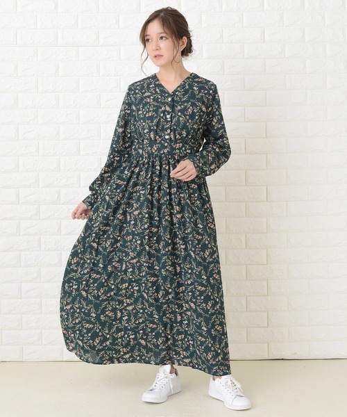 イエナ 花柄 長袖 ロングワンピース Lace Ladies（レースレディース） ワンピース 花柄フレア 長袖 Vネック