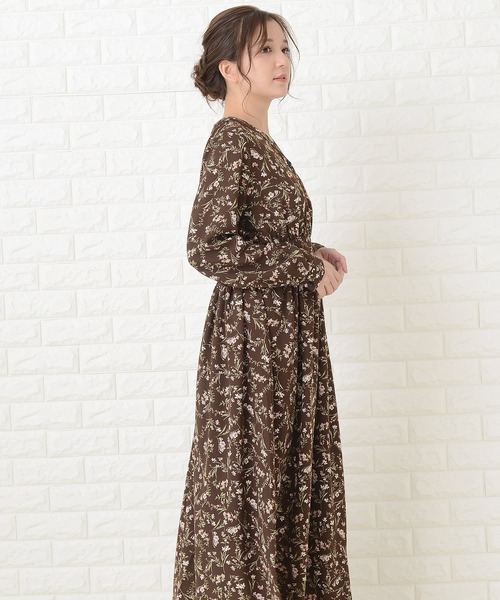 Lace Ladies ワンピース 花柄フレア 長袖 Vネック ロング