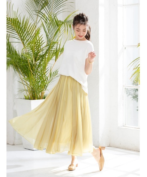 シフォン フレアスカート ライトグリーン、光沢有り、新品未使用、M Grandeir｜フロントリボン花柄シフォングラデーションマキシ丈