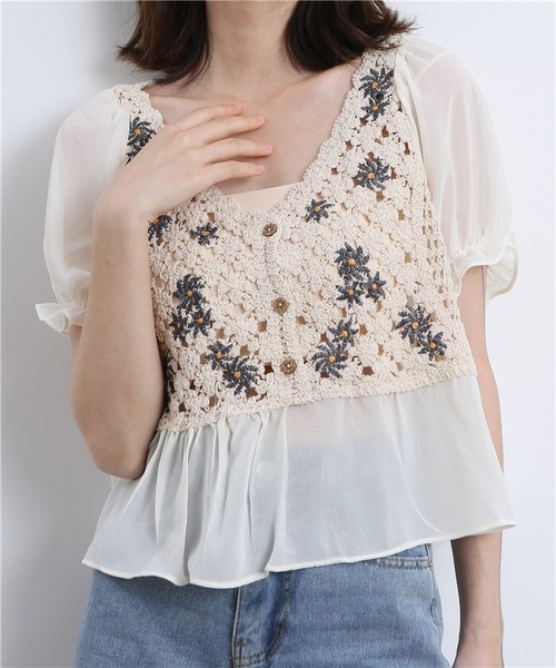 ZARA ジオメトリック クロシェ シャツ L /花柄刺繍のレース風カーディガン ZARA ジオメトリック クロシェ シャツ L /花柄刺繍のレース風