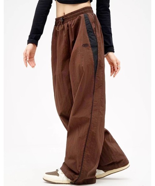 パンツ レディース 配色ラインストリングナイロンパンツ
