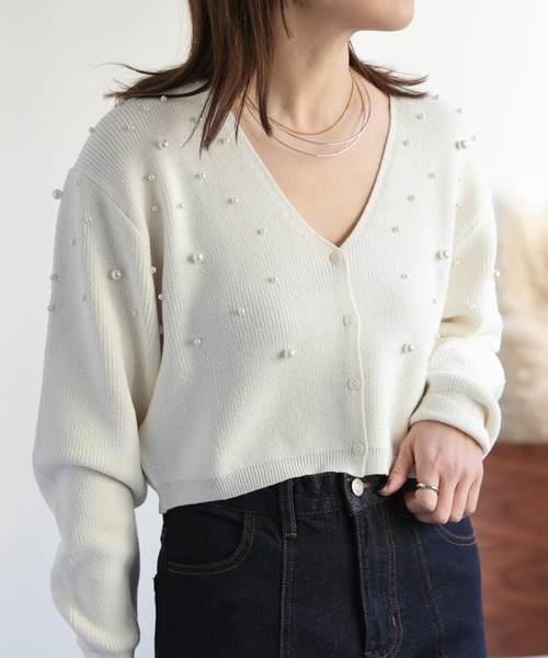 ap retro カーディガン パールVネックショートカーディガン レディース
