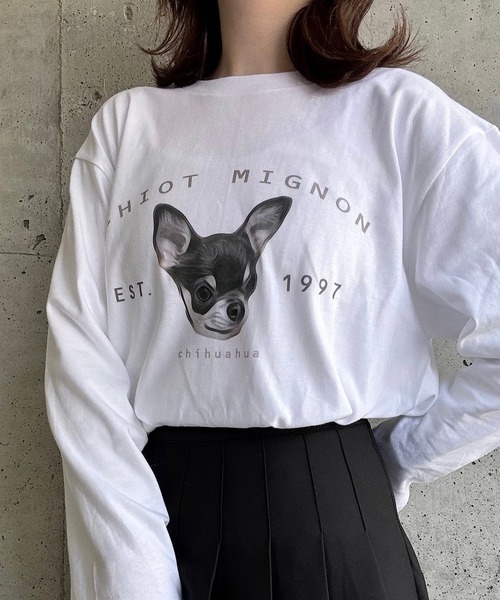tシャツ 犬プリントデザインロングTシャツ レディース : ZOZOTOWN