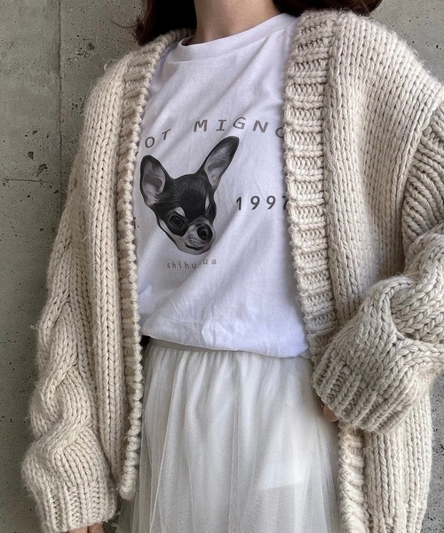 tシャツ 犬プリントデザインロングTシャツ レディース