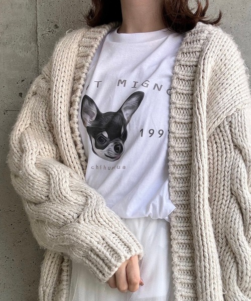 tシャツ 犬プリントデザインロングTシャツ レディース