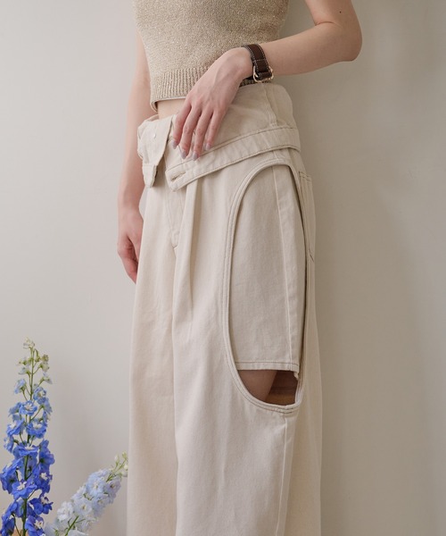 ワイドデニムパンツ レディース カットアウト ハイウエスト mideal ジーンズ デニム デニムパンツ cut out design wide